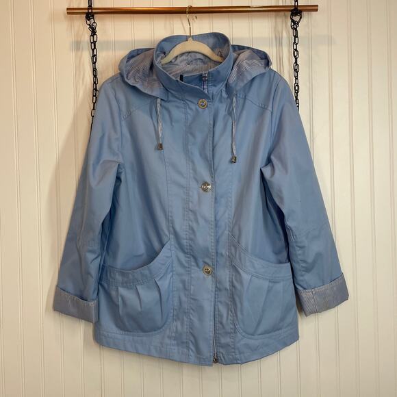 Mackintosh New England Women’s Blue Hooded Full Zip Snap Jacket Size PM - Picture 1 of 8